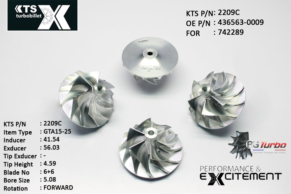 Turbo ROUE FORGÉE MFS PERFORMANCE - 6+6 PALES - INDUCER : 41,54 - EXDUCER : 56,03 - TYPE : GT15-25ANGLE : 45° - ROTATION : Forward - SUPER BACK : 3,68 - BORE SIZE : 5,08
